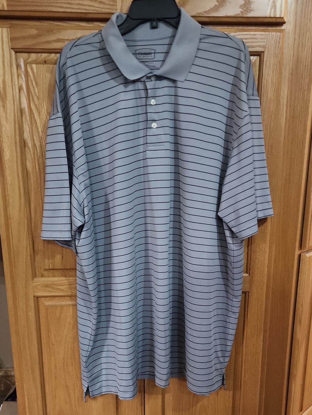 The Foundry Supply Co. Gray Polo with Thin Navy Stripes